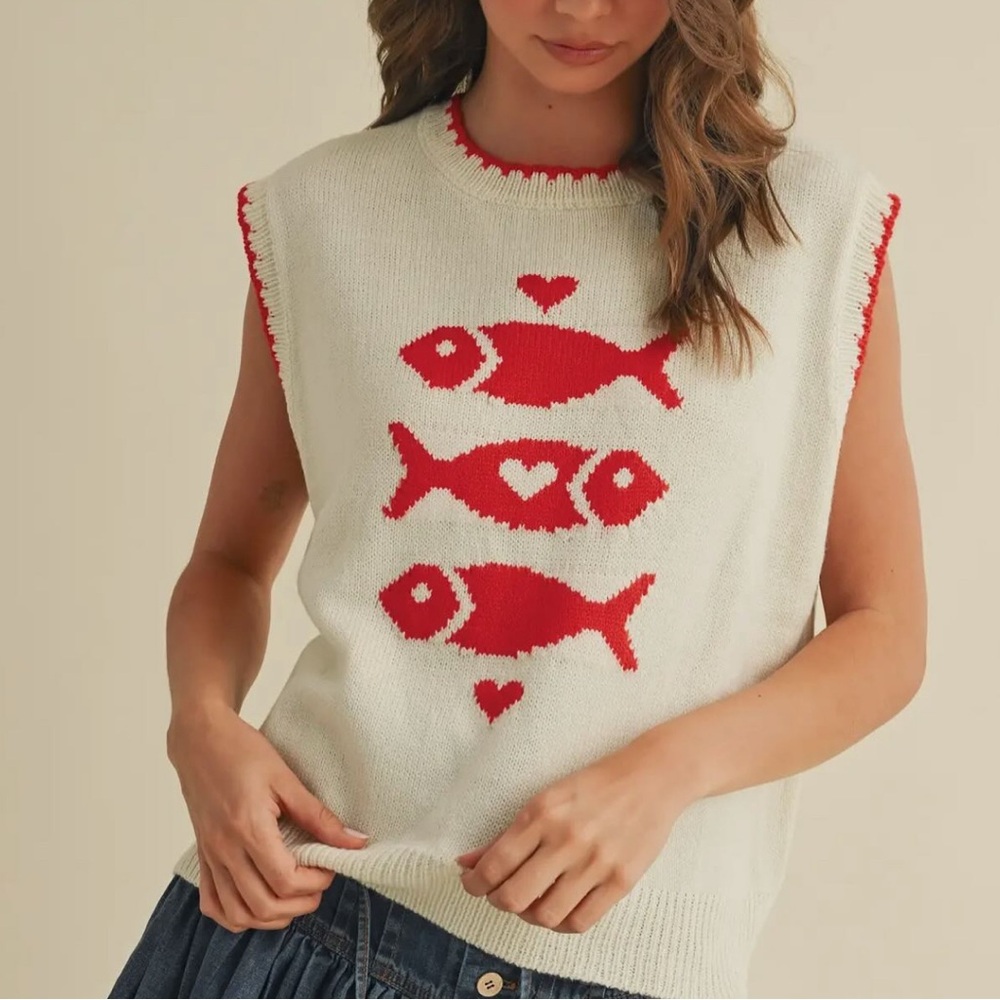 New with tag Red and White Fish Pattern Sleeveless Sweater